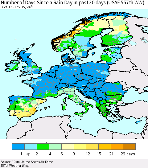 Europe Number of Days Since a Rain Day in past 30 days (USAF 557th WW) Thematic Map For 11/11/2023 - 11/15/2023