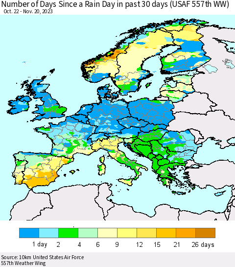 Europe Number of Days Since a Rain Day in past 30 days (USAF 557th WW) Thematic Map For 11/16/2023 - 11/20/2023