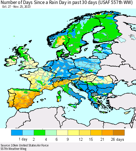 Europe Number of Days Since a Rain Day in past 30 days (USAF 557th WW) Thematic Map For 11/21/2023 - 11/25/2023