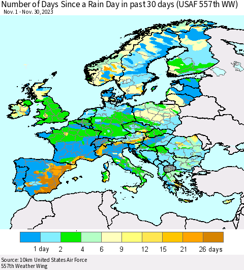 Europe Number of Days Since a Rain Day in past 30 days (USAF 557th WW) Thematic Map For 11/26/2023 - 11/30/2023
