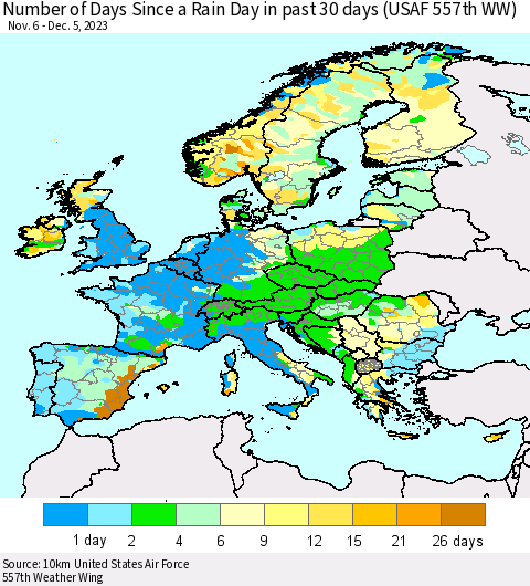 Europe Number of Days Since a Rain Day in past 30 days (USAF 557th WW) Thematic Map For 12/1/2023 - 12/5/2023