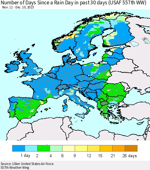 Europe Number of Days Since a Rain Day in past 30 days (USAF 557th WW) Thematic Map For 12/6/2023 - 12/10/2023