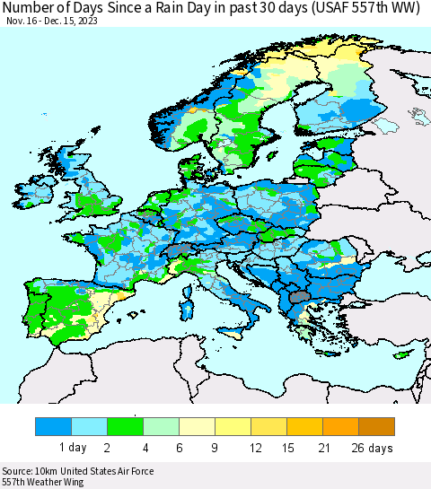 Europe Number of Days Since a Rain Day in past 30 days (USAF 557th WW) Thematic Map For 12/11/2023 - 12/15/2023