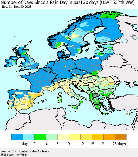Europe Number of Days Since a Rain Day in past 30 days (USAF 557th WW) Thematic Map For 12/16/2023 - 12/20/2023