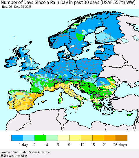 Europe Number of Days Since a Rain Day in past 30 days (USAF 557th WW) Thematic Map For 12/21/2023 - 12/25/2023