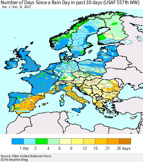 Europe Number of Days Since a Rain Day in past 30 days (USAF 557th WW) Thematic Map For 12/26/2023 - 12/31/2023