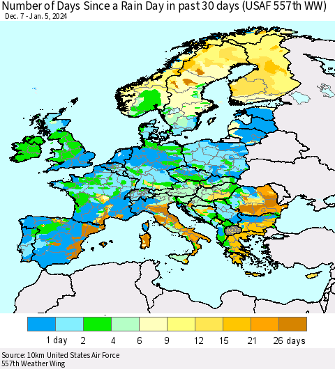 Europe Number of Days Since a Rain Day in past 30 days (USAF 557th WW) Thematic Map For 1/1/2024 - 1/5/2024