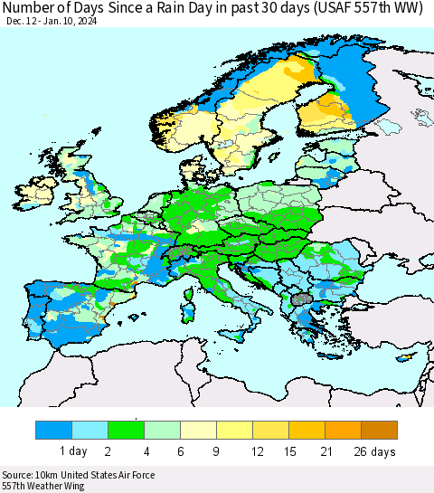 Europe Number of Days Since a Rain Day in past 30 days (USAF 557th WW) Thematic Map For 1/6/2024 - 1/10/2024