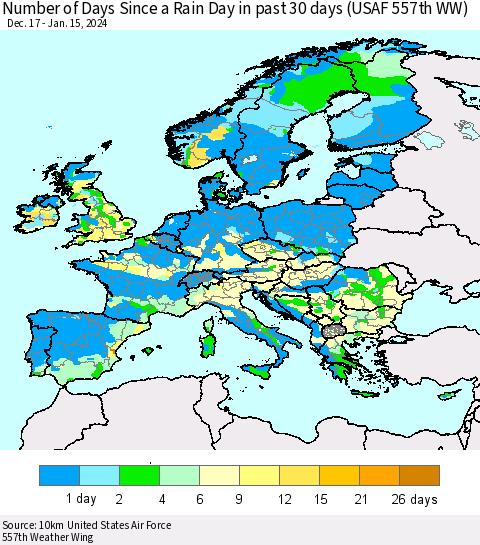 Europe Number of Days Since a Rain Day in past 30 days (USAF 557th WW) Thematic Map For 1/11/2024 - 1/15/2024