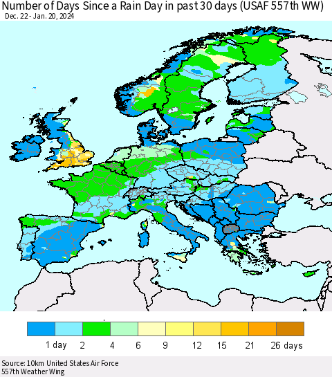 Europe Number of Days Since a Rain Day in past 30 days (USAF 557th WW) Thematic Map For 1/16/2024 - 1/20/2024