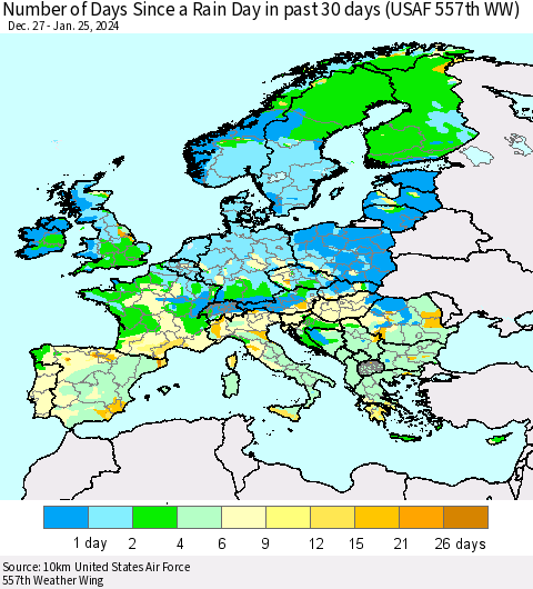 Europe Number of Days Since a Rain Day in past 30 days (USAF 557th WW) Thematic Map For 1/21/2024 - 1/25/2024