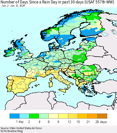 Europe Number of Days Since a Rain Day in past 30 days (USAF 557th WW) Thematic Map For 1/26/2024 - 1/31/2024