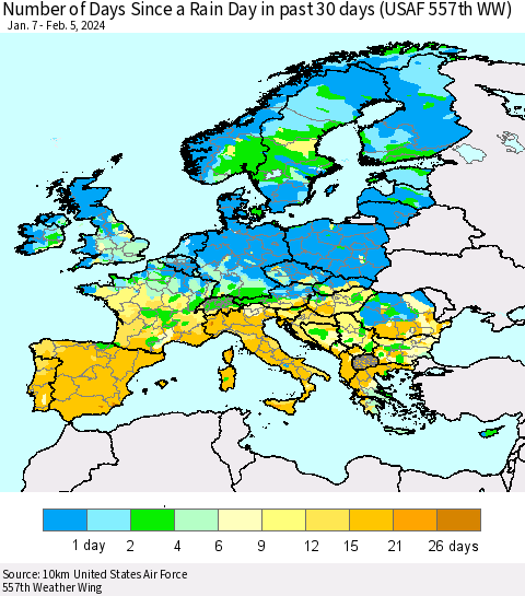 Europe Number of Days Since a Rain Day in past 30 days (USAF 557th WW) Thematic Map For 2/1/2024 - 2/5/2024