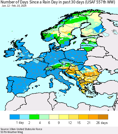Europe Number of Days Since a Rain Day in past 30 days (USAF 557th WW) Thematic Map For 2/6/2024 - 2/10/2024