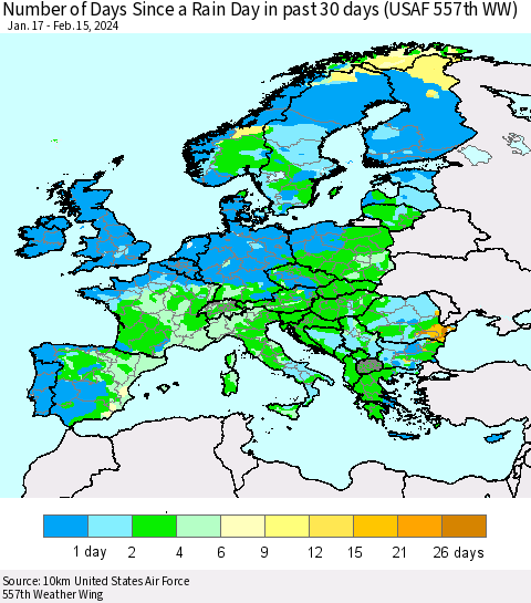 Europe Number of Days Since a Rain Day in past 30 days (USAF 557th WW) Thematic Map For 2/11/2024 - 2/15/2024