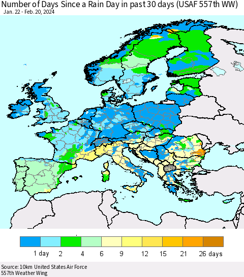 Europe Number of Days Since a Rain Day in past 30 days (USAF 557th WW) Thematic Map For 2/16/2024 - 2/20/2024