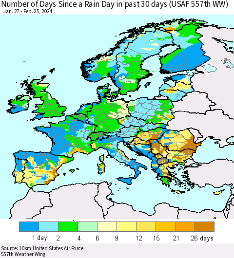 Europe Number of Days Since a Rain Day in past 30 days (USAF 557th WW) Thematic Map For 2/21/2024 - 2/25/2024