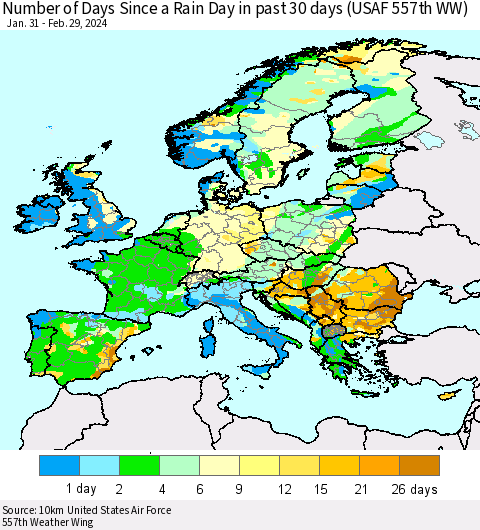 Europe Number of Days Since a Rain Day in past 30 days (USAF 557th WW) Thematic Map For 2/26/2024 - 2/29/2024