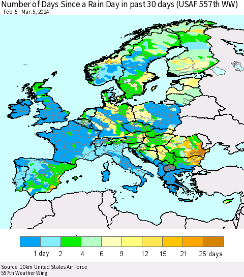 Europe Number of Days Since a Rain Day in past 30 days (USAF 557th WW) Thematic Map For 3/1/2024 - 3/5/2024