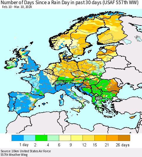 Europe Number of Days Since a Rain Day in past 30 days (USAF 557th WW) Thematic Map For 3/6/2024 - 3/10/2024