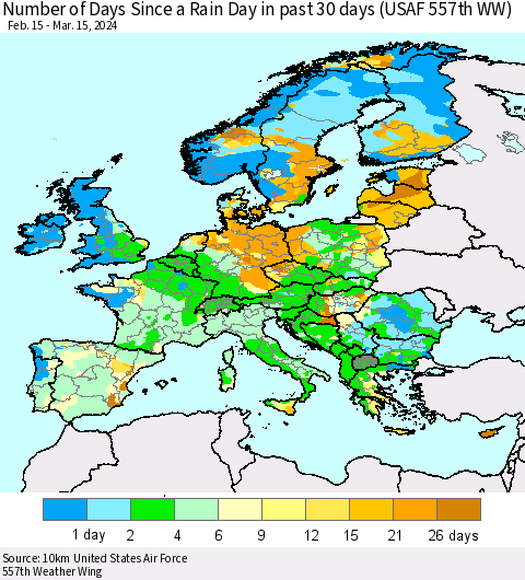 Europe Number of Days Since a Rain Day in past 30 days (USAF 557th WW) Thematic Map For 3/11/2024 - 3/15/2024