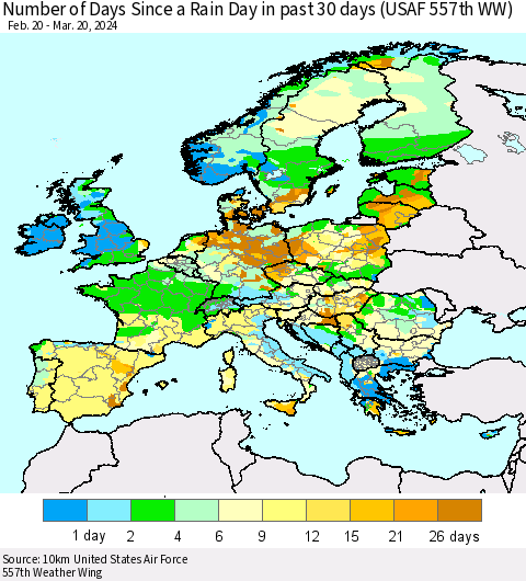Europe Number of Days Since a Rain Day in past 30 days (USAF 557th WW) Thematic Map For 3/16/2024 - 3/20/2024