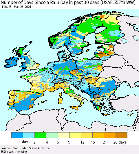 Europe Number of Days Since a Rain Day in past 30 days (USAF 557th WW) Thematic Map For 3/21/2024 - 3/25/2024
