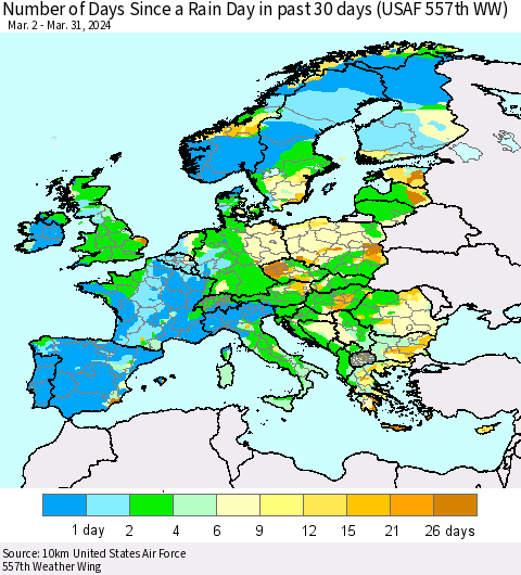 Europe Number of Days Since a Rain Day in past 30 days (USAF 557th WW) Thematic Map For 3/26/2024 - 3/31/2024