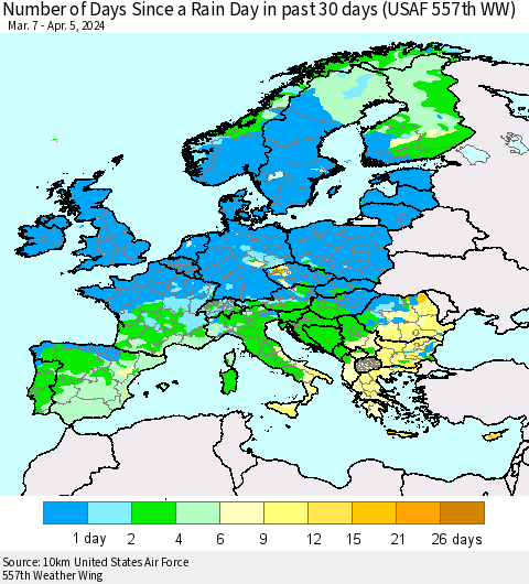 Europe Number of Days Since a Rain Day in past 30 days (USAF 557th WW) Thematic Map For 4/1/2024 - 4/5/2024