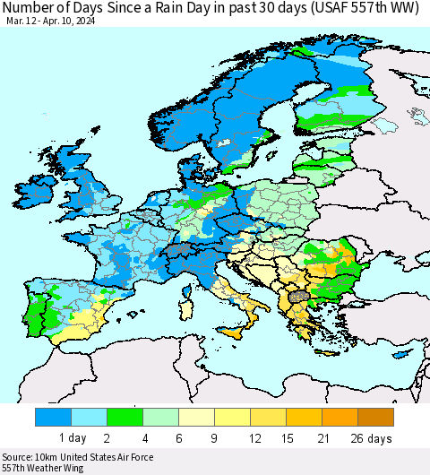 Europe Number of Days Since a Rain Day in past 30 days (USAF 557th WW) Thematic Map For 4/6/2024 - 4/10/2024
