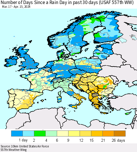 Europe Number of Days Since a Rain Day in past 30 days (USAF 557th WW) Thematic Map For 4/11/2024 - 4/15/2024