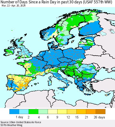 Europe Number of Days Since a Rain Day in past 30 days (USAF 557th WW) Thematic Map For 4/16/2024 - 4/20/2024