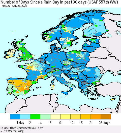 Europe Number of Days Since a Rain Day in past 30 days (USAF 557th WW) Thematic Map For 4/21/2024 - 4/25/2024