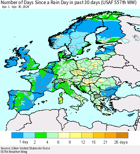 Europe Number of Days Since a Rain Day in past 30 days (USAF 557th WW) Thematic Map For 4/26/2024 - 4/30/2024