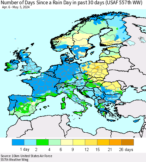 Europe Number of Days Since a Rain Day in past 30 days (USAF 557th WW) Thematic Map For 5/1/2024 - 5/5/2024