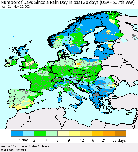 Europe Number of Days Since a Rain Day in past 30 days (USAF 557th WW) Thematic Map For 5/6/2024 - 5/10/2024
