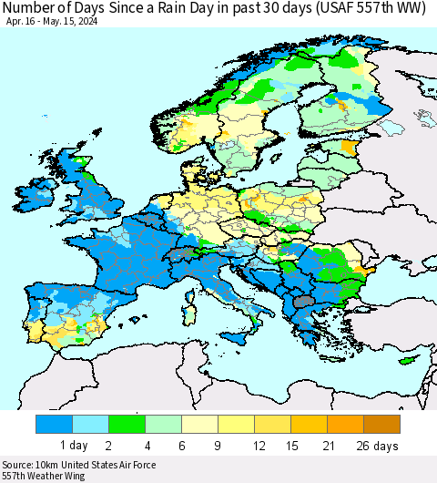 Europe Number of Days Since a Rain Day in past 30 days (USAF 557th WW) Thematic Map For 5/11/2024 - 5/15/2024