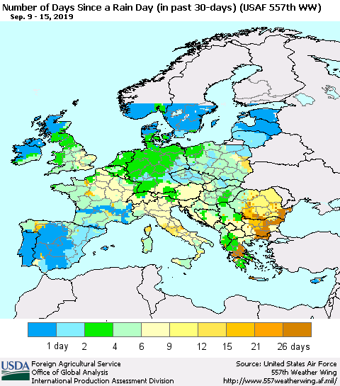 Europe Number of Days Since a Rain Day in past 30 days (USAF 557th WW) Thematic Map For 9/9/2019 - 9/15/2019