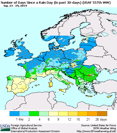 Europe Number of Days Since a Rain Day in past 30 days (USAF 557th WW) Thematic Map For 9/23/2019 - 9/29/2019
