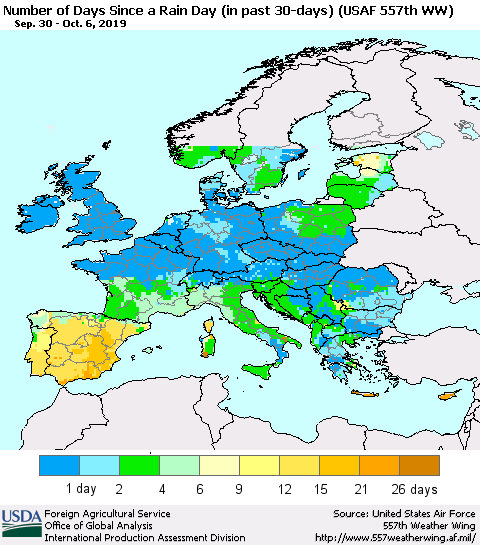 Europe Number of Days Since a Rain Day in past 30 days (USAF 557th WW) Thematic Map For 9/30/2019 - 10/6/2019