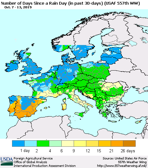 Europe Number of Days Since a Rain Day in past 30 days (USAF 557th WW) Thematic Map For 10/7/2019 - 10/13/2019