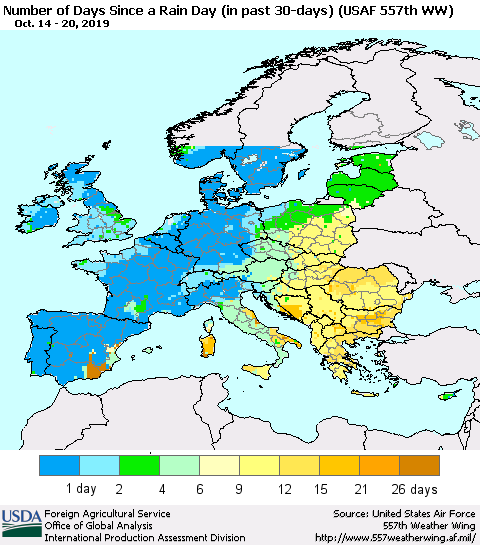 Europe Number of Days Since a Rain Day in past 30 days (USAF 557th WW) Thematic Map For 10/14/2019 - 10/20/2019