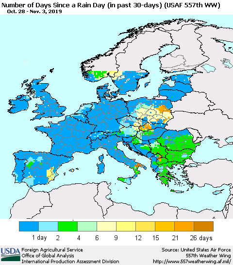 Europe Number of Days Since a Rain Day in past 30 days (USAF 557th WW) Thematic Map For 10/28/2019 - 11/3/2019