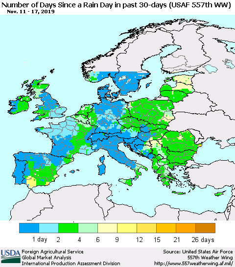 Europe Number of Days Since a Rain Day in past 30 days (USAF 557th WW) Thematic Map For 11/11/2019 - 11/17/2019