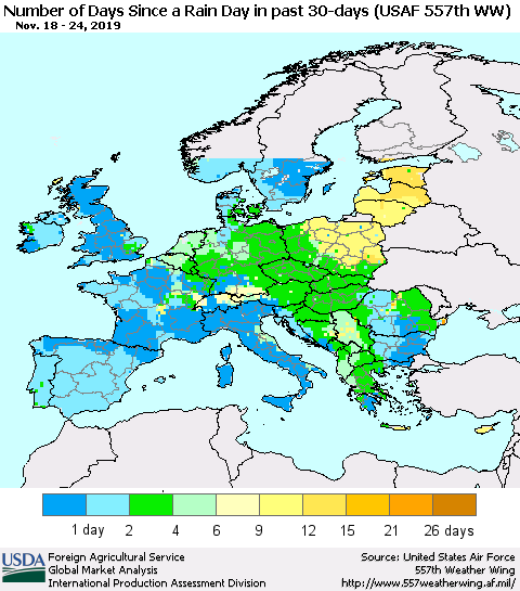 Europe Number of Days Since a Rain Day in past 30 days (USAF 557th WW) Thematic Map For 11/18/2019 - 11/24/2019