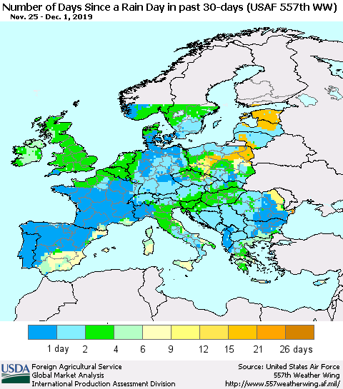 Europe Number of Days Since a Rain Day in past 30 days (USAF 557th WW) Thematic Map For 11/25/2019 - 12/1/2019