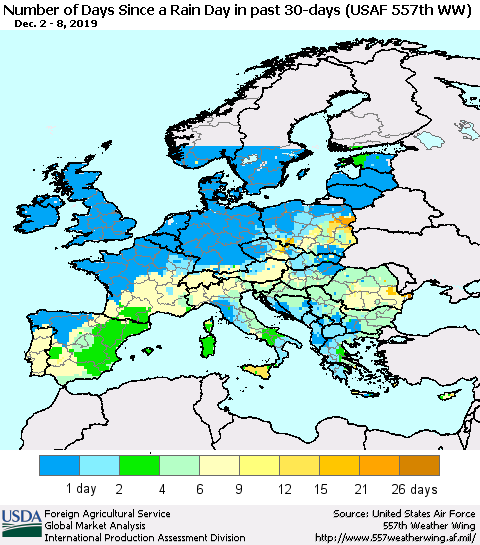 Europe Number of Days Since a Rain Day in past 30 days (USAF 557th WW) Thematic Map For 12/2/2019 - 12/8/2019