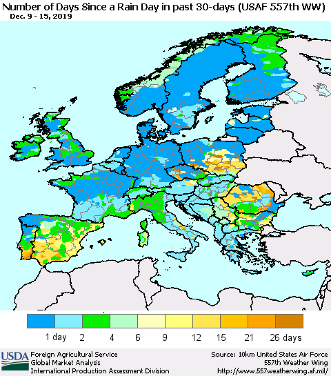 Europe Number of Days Since a Rain Day in past 30 days (USAF 557th WW) Thematic Map For 12/9/2019 - 12/15/2019