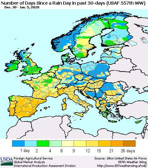 Europe Number of Days Since a Rain Day in past 30 days (USAF 557th WW) Thematic Map For 12/30/2019 - 1/5/2020