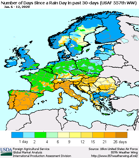 Europe Number of Days Since a Rain Day in past 30 days (USAF 557th WW) Thematic Map For 1/6/2020 - 1/12/2020